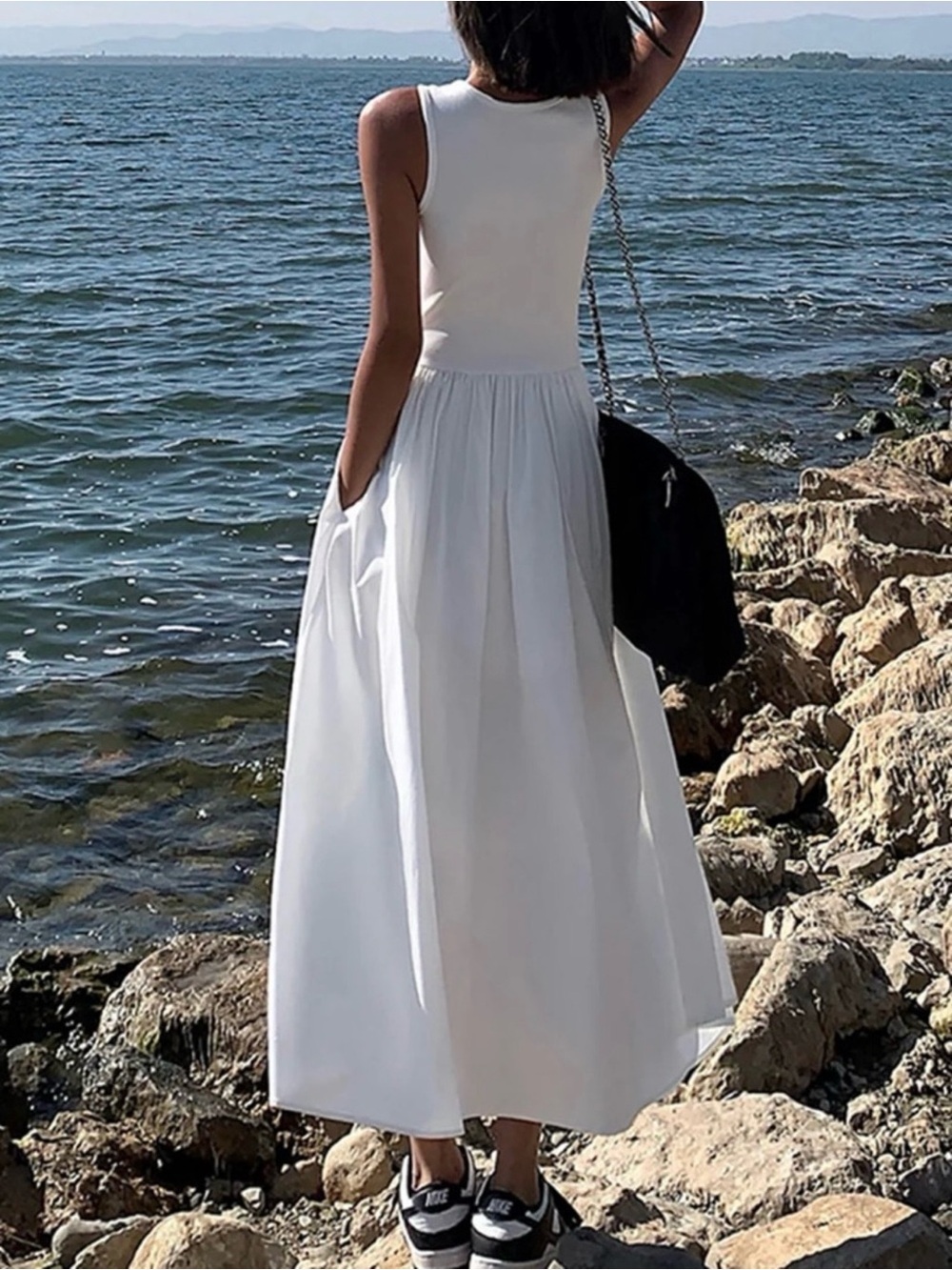 Commense White Sleeveless Cotton Blend Midi Dress Pockets NWT XS - Picture 2 of 10